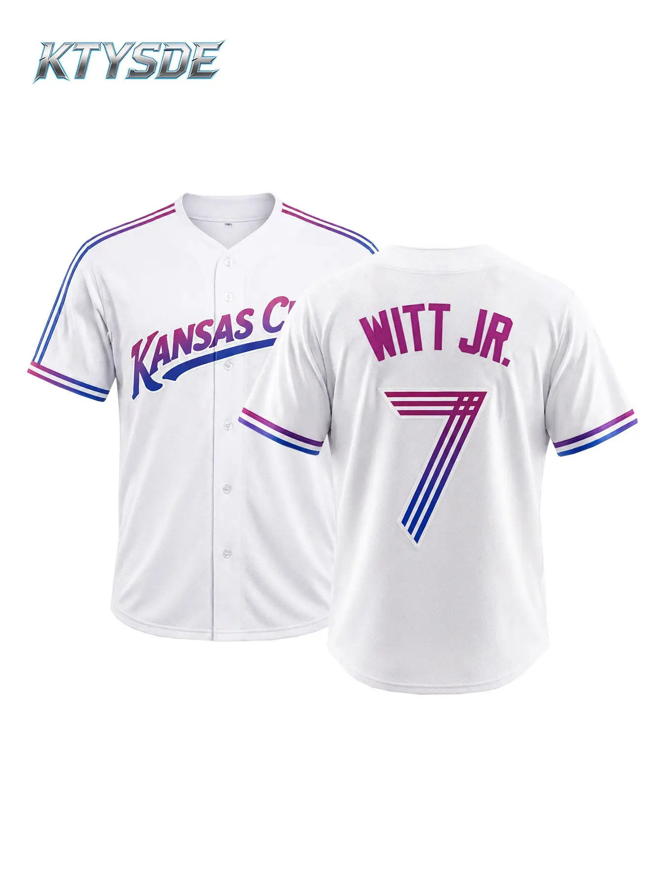 KTYSDE Men's Kansas City #7 White Baseball Jersey Purple Blue Gradient Stripes Stitched Casual Shirt