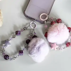 Elegant Crystal Beaded Phone Case Lanyard, Fashionable Phone Strap, Leopard Star Cartoon Keychain, Multiple Colors Available, Perfect Gift, Phone Charm