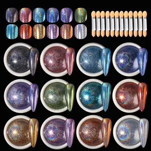 12 Pcs Holographic Nail Powder with Sponge Sticks Kit, Laser Metallic Mirror Effect Aurora Iridescent Chrome Powder for Gel Polish Manicure Pigment Glitter Dust for Salon Home Nail Art DIY Decorations