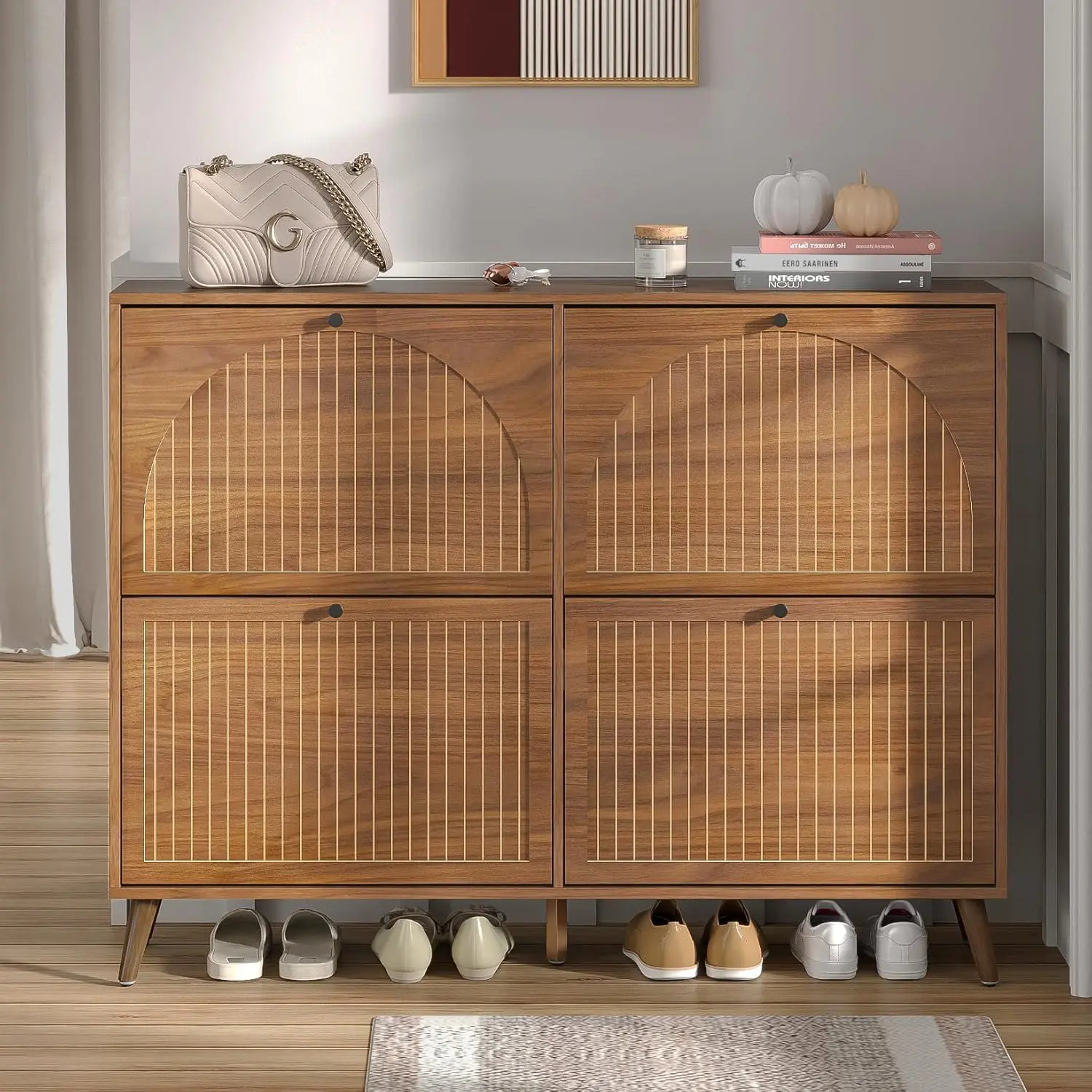 Shoe Storage Cabinet for Entryway with 4 Flip Drawers, Narrow Shoe Organizer with Fluted Panel, Freestanding Wood Hidden Shoe Cabinet for Foyer, Hallway