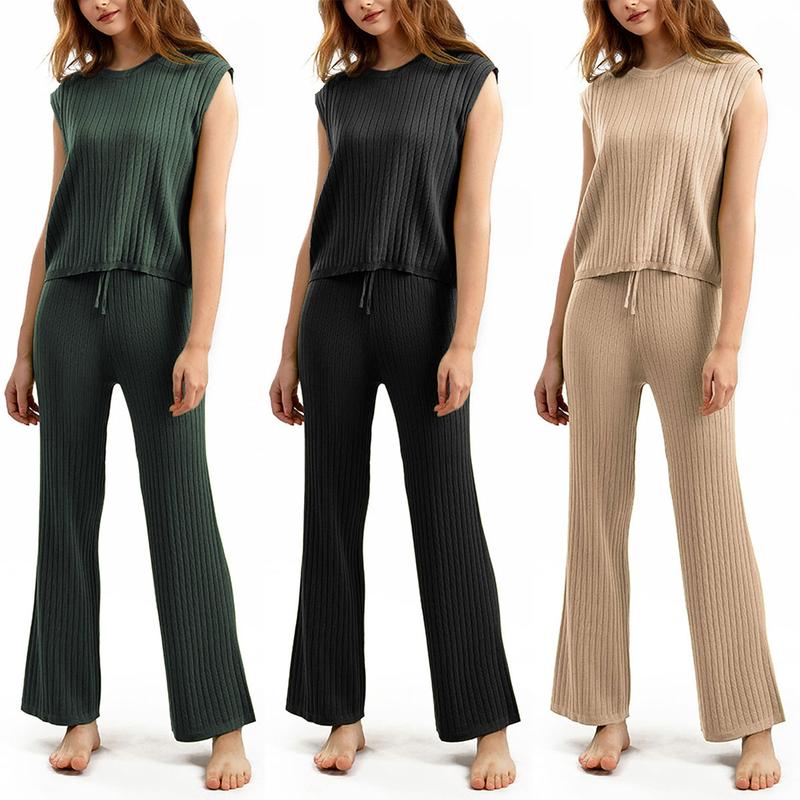 Molitree Women's 2 Piece Outfits Sweater Sets Knit Sleeveless Pullover Tops High Waist Pants Lounge Sets Tracksuits