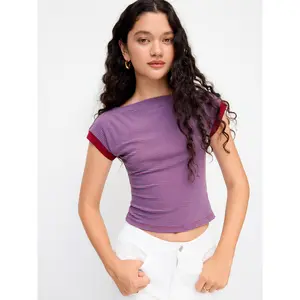 Cider Boat Neck Stripe Contrasting Binding Short Sleeve Tee