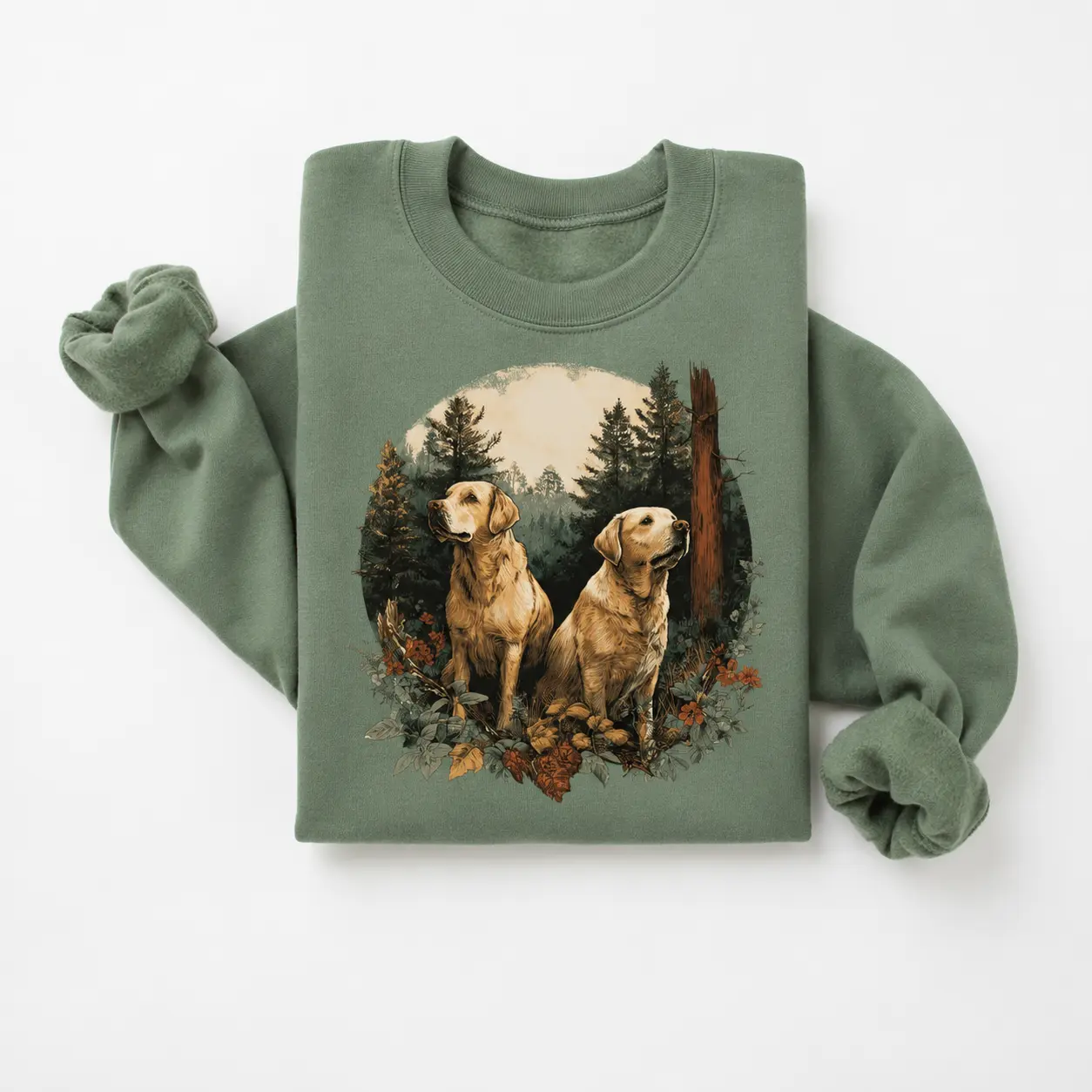 Golden Retriever Sweatshirt, Golden Retriever Dog Crewneck, Two Dogs Forest Sweatshirt, Vintage Nature Dog Pullover, Dog Lover Gift, Cozy Fall Sweatshirt Soft Womenswear