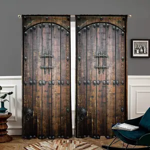 Retro Wooden Door Pattern Door Curtain, 2 Counts/set Vintage Door Curtain, Window Treatment for Home Living Room Bedroom Study Room Kitchen Dining Room Bathroom
