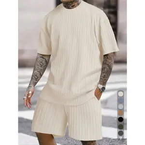 YYK brand Men’s Streetwear 2-Piece Set  Soft Textured Knit Oversized Tee & Drawstring Shorts, Casual Summer Outfit
