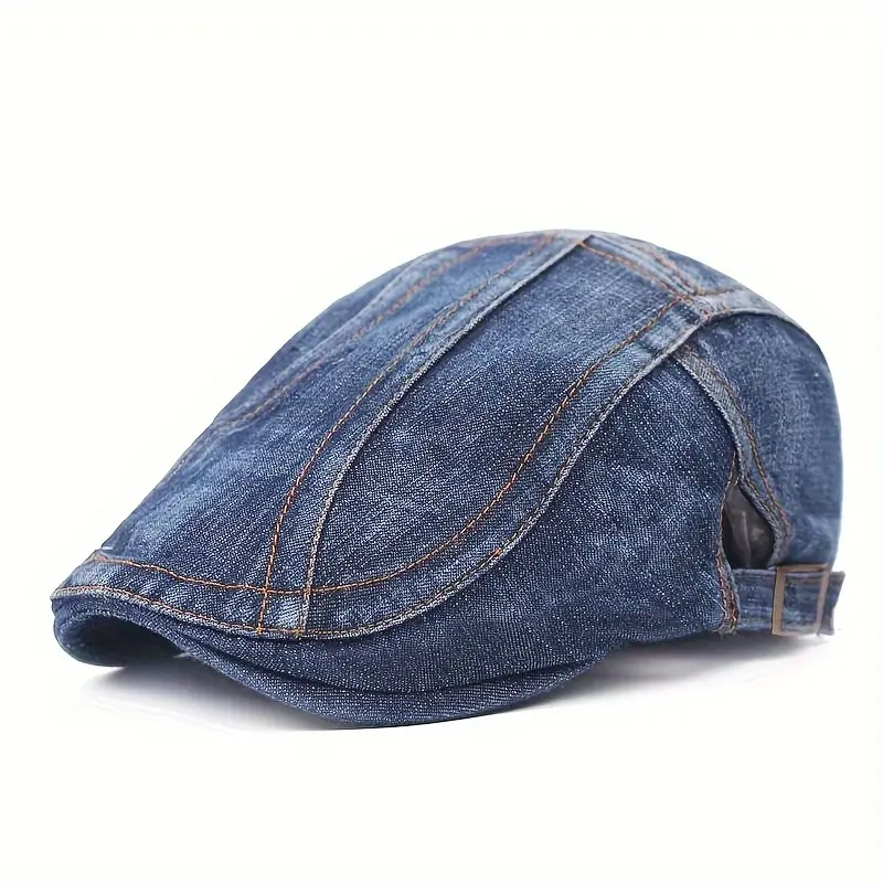 1pc Retro Washed Denim Newsboy Cap Men-Adjustable Cotton Blend Beret, Navy Blue, Classic Driver Style, Flat Brim and Denim Fabric, One Size Fits Most (22.05-23.62), casual Headwear |   hats men trucker hat skull cap men beanie