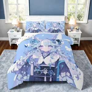 Kawaii Japanese Girl Comforter Set,Anime Gifts in Kimono Japanese Style Bedding Sets,Room Aesthetic Cool Anime Modern Art Duvet Set