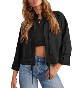Women's Fitted Cotton Crop Long Sleeve Utility Jacket - Basic Lightweight Zip-Up Military Safari Outerwear Top with Pockets, Brown, XX-Large Coat
