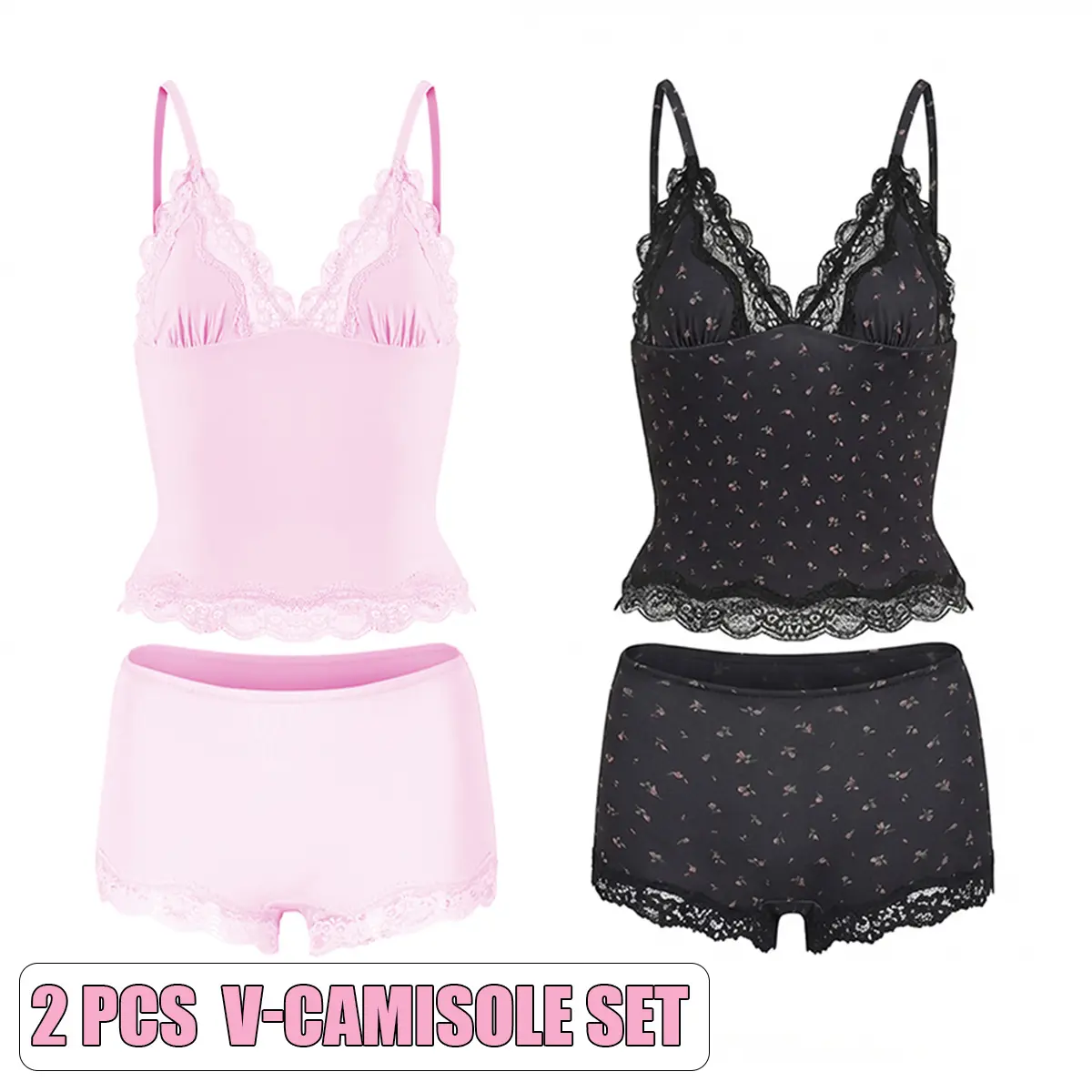 V-Camisole Set(Pink/Black Floral)