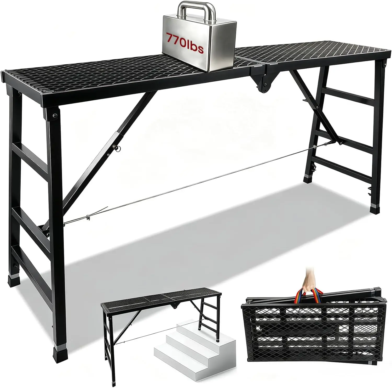 Foldable Scaffolding Platform, 36.2-62 in Portable Work Platform, Black | Heavy Duty Steel 70.8 x 15.2 in Portable Work Platform for Painting, Wiring, Window Cleaning, Garage and Construction