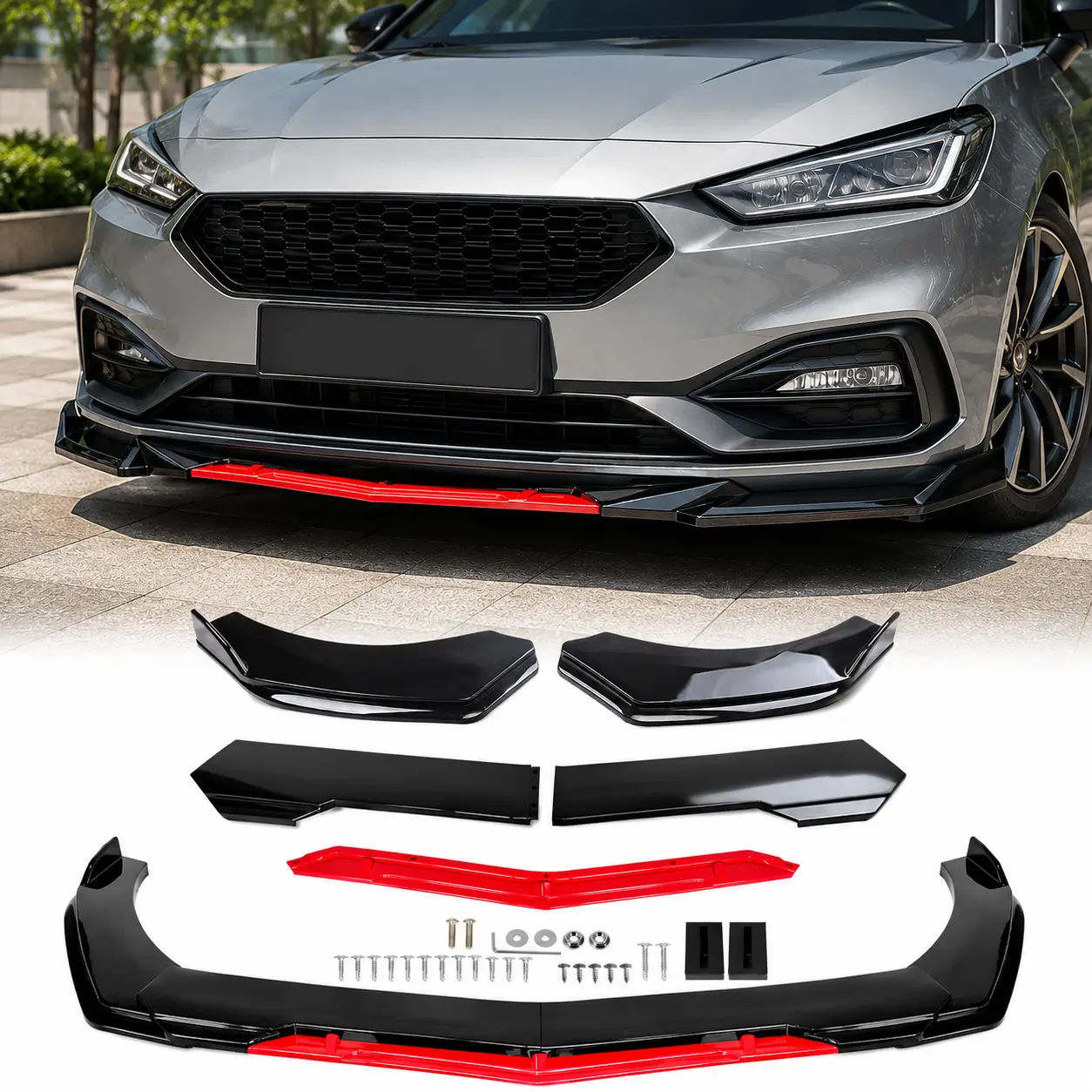 Gloss Black Racing Style ABS Plastic Front Bumper Lip Splitter & Side Skirt Kit - Aerodynamic Car Exterior Chin Spoiler Diffuser Protector, Includes Mounts, Car Accessories for Sedans/SUVs, Aggressive Look Decoration