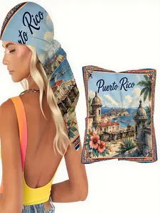 【Puerto Rican Culture】Scarf Fashion Shawl Wrap with Vintage Coastal Fort and Hibiscus - Nautical Design for Festive Celebrations, Cultural Events and Summer Travel