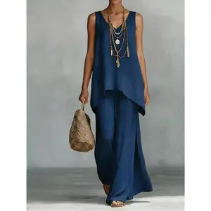 VVZ 2026 Women's 2 Piece Outfit Casual V Neck Sleeveless Top & Wide Leg Pants Set, Boho Style Loungewear for Commuting, Travel, or Daily Wear