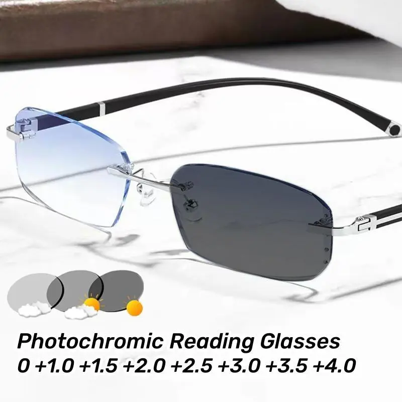 Frameless Anti Blue Light Photochromic Reading Glasses Diamond Cut Edge Business Square Glasses Transparent Presbyopia Glasses