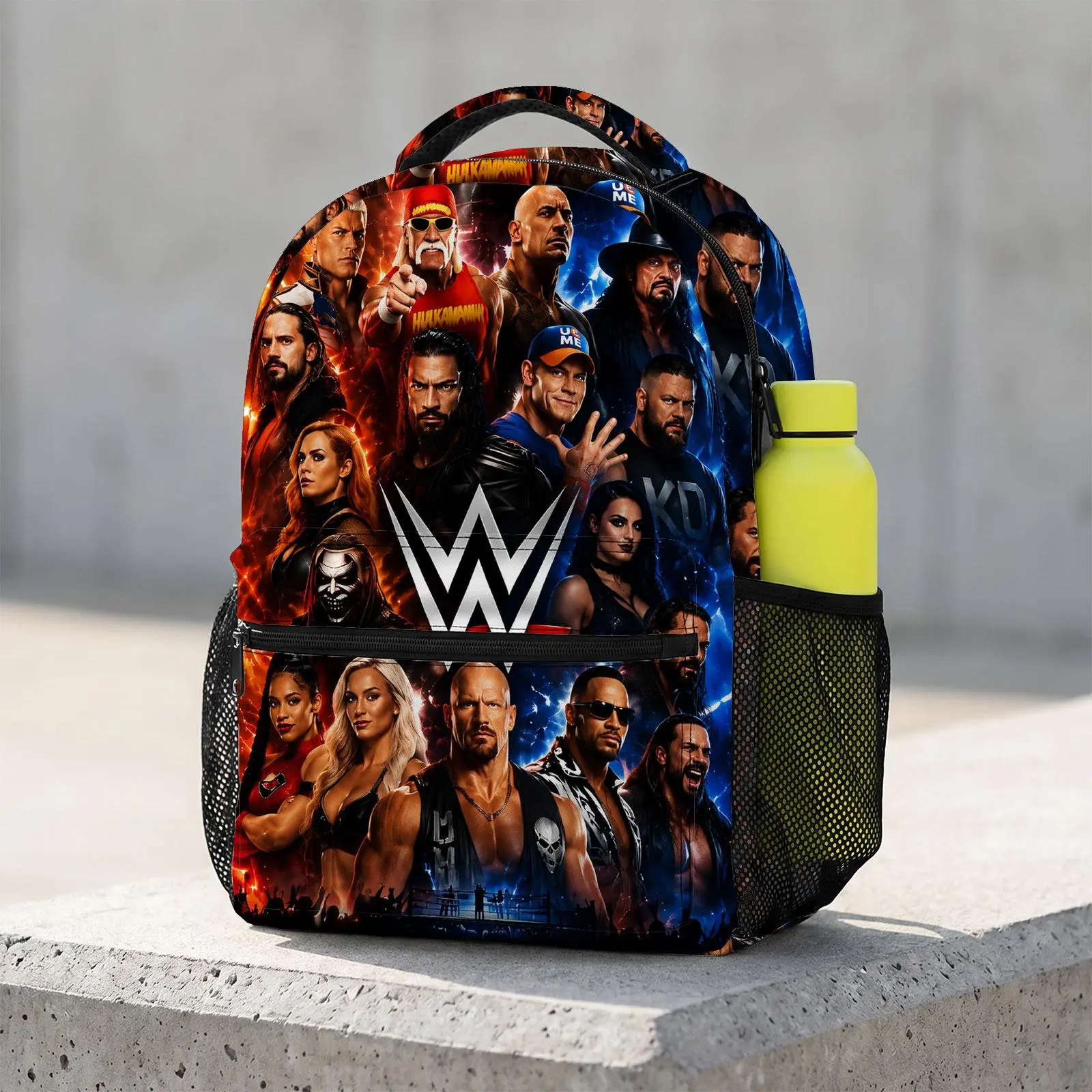 Unisex Cartoon WWE Backpack, 17-In Large Size School Travel Bag with Kawaii Print, Water Bottle Holder for Teens