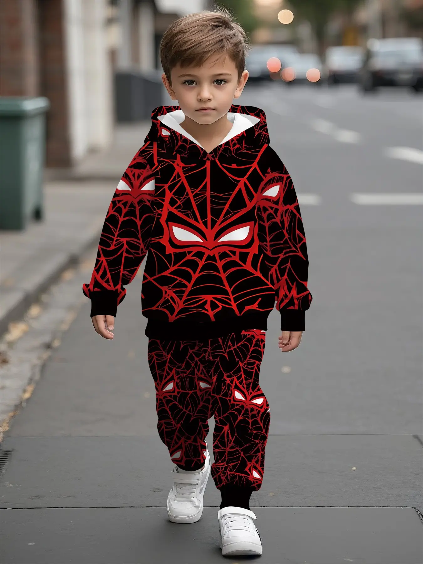 Full-print hooded sweatshirt matching set for baby boys with spider web mask digital print. This casual and comfy outfit is perfect for daily outings, making it a trendy and versatile gift for little boys.