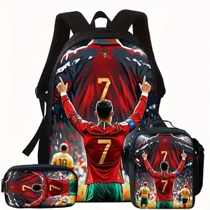 3pcs Set - Stylish CR7 Soccer Player Backpack with Pencil Case & Lunch Box Jersey No 7 Large Capacity Unisex Student Bag for Daily Use