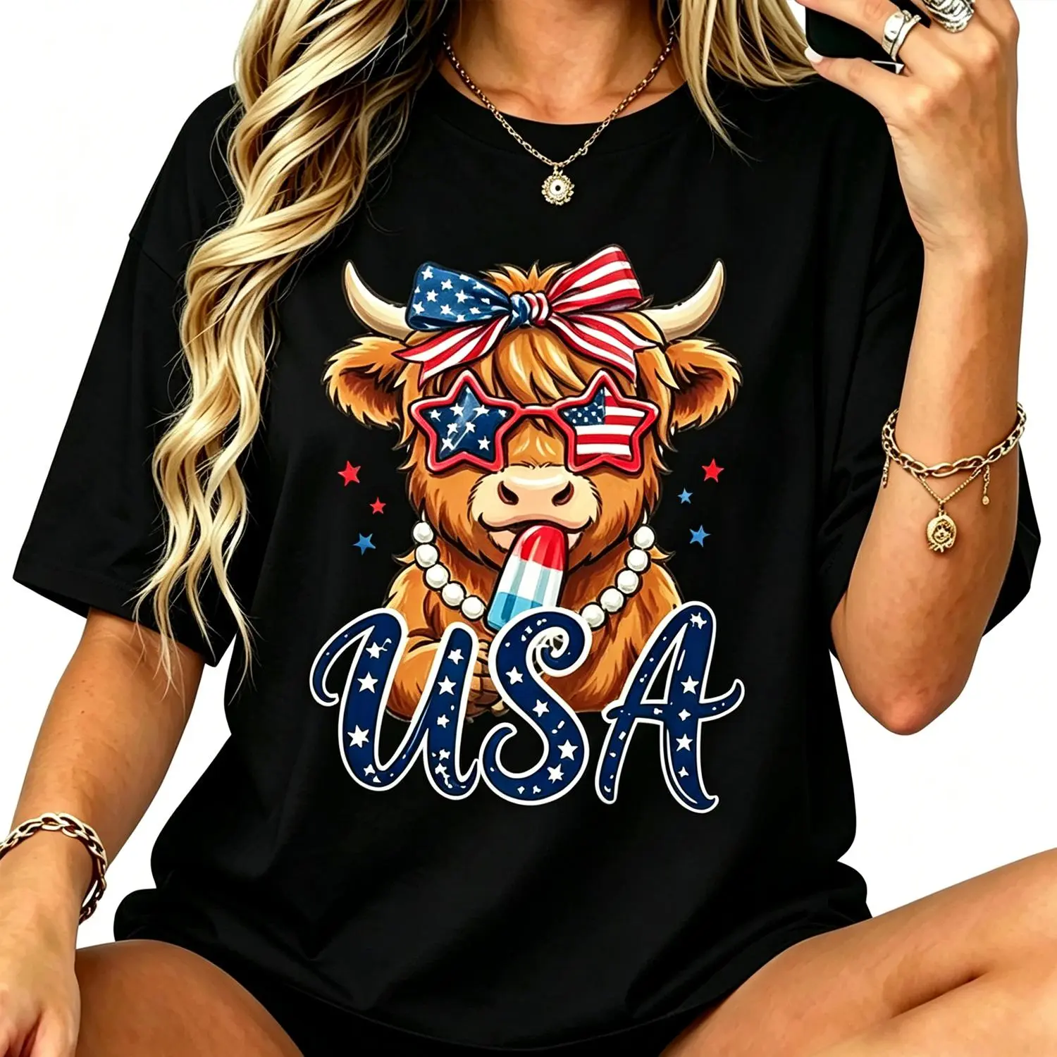 Women Patriotic Highland Cow Cotton T-shirt American Flag Short Sleeve for Fourth of July