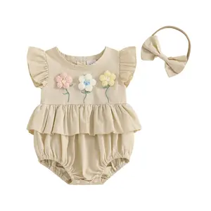 Baby Girl Summer Clothes 3D Crochet Flower Embroidery Fly Sleeve Newborn Bubble Romper Cute Onesie Bodysuit Spring Outfit