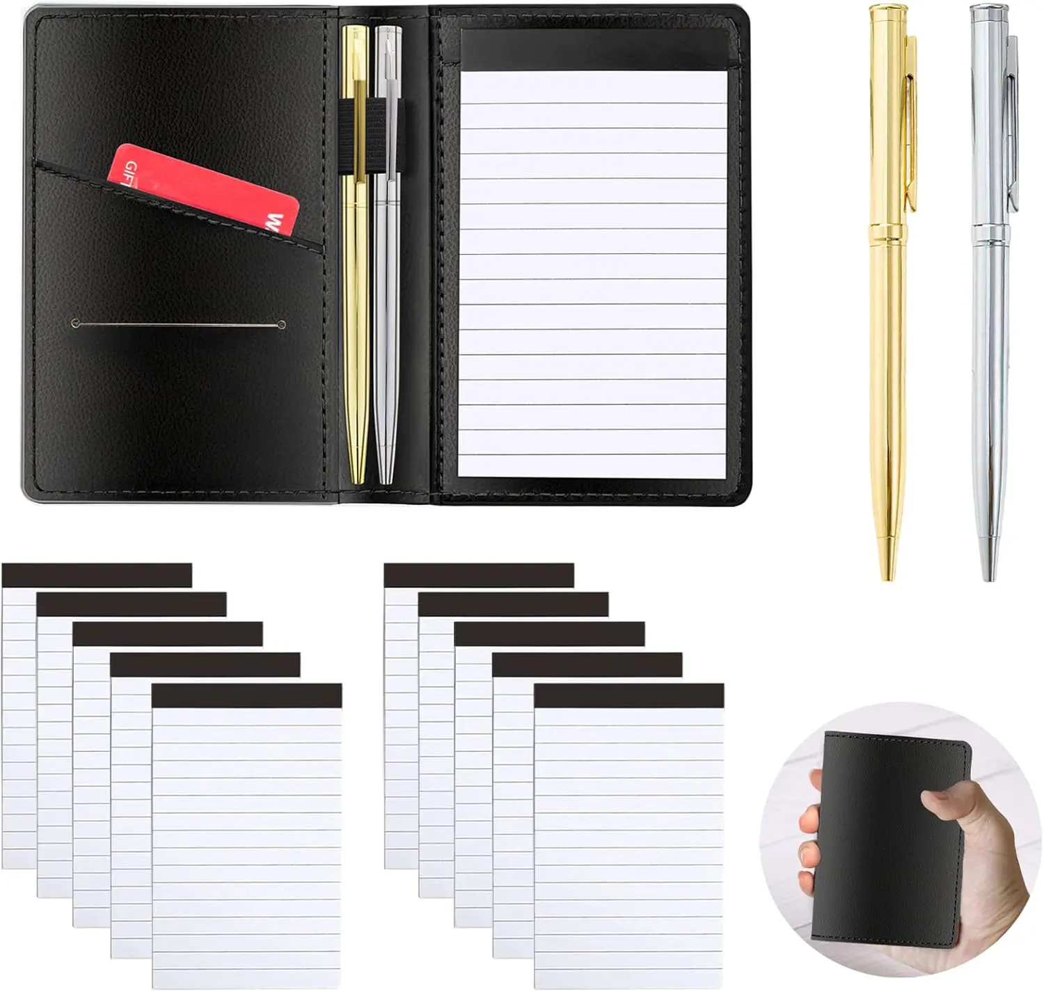 13-Piece Mini Pocket Notepad Set with PU Leather Multi-Pocket Card Holder, 10-Pack 3x5in Lined Writing Pad Refills (30 Sheets Each), 2 Metal Ballpoint Pens for Business, Travel, School, Office Use (5.1in Total Set Size Note)
