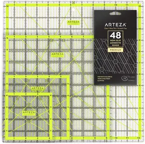 ARTEZA Quilting Rulers Set of 4, Acrylic Square Quilting Rulers for Sewing and Fabric Cutting, 4.5 x 4.5, 6 x 6, 9.5 x 9.5, 12.5 x 12.5 Inch, Dual-Color Grid, 30/45/60 Degree, 48 Non-Slip Rings