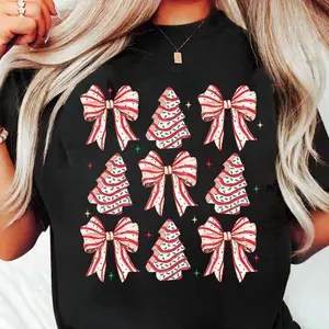 Coquette Festive Christmas Tee – Tree Cake Design with Bow, Holiday Gift for Her and Him