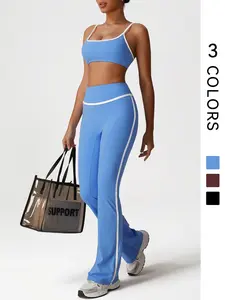 Two-piece Set Women's Solid Racer Back Crop Tank Top & High Waist Flare Leg Pants Sportswear Set, Quick Drying Tracksuit Set for Yoga Gym Workout, Workout Sets Women, Sports Outfits