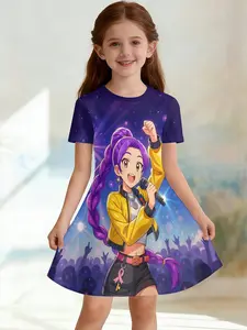 Girls' 3D Short Sleeve Dress, Hair Kpop Concert Full Print, Perfect for Parties, Festive Gifts, Birthday Presents