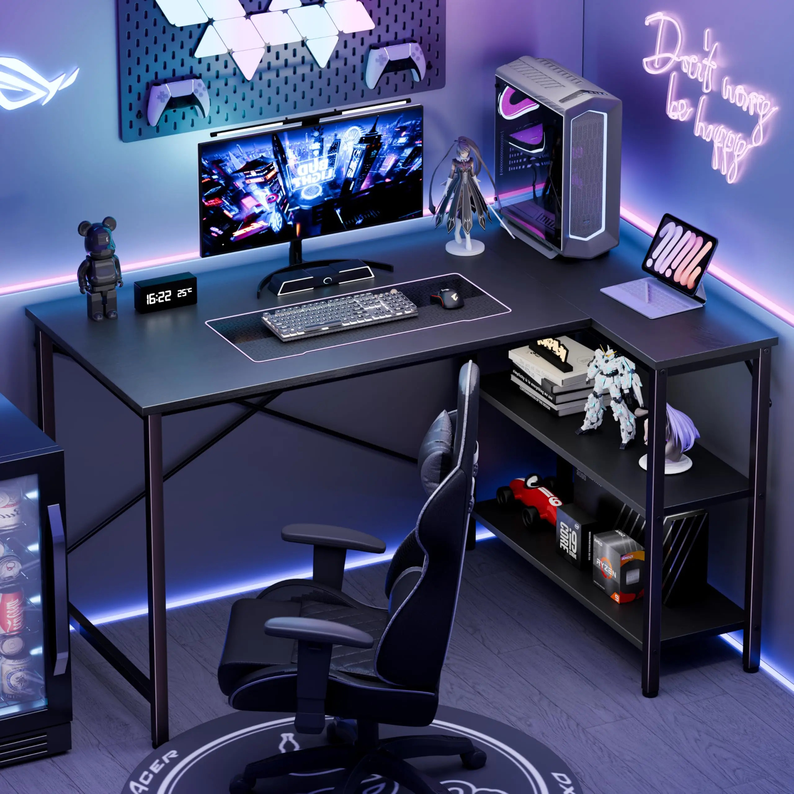 L Shaped Desk 39-47-55 Inch Computer Desk Gaming Furniture Corner Desks Home Office PC Table with Reversible Storage Shelves