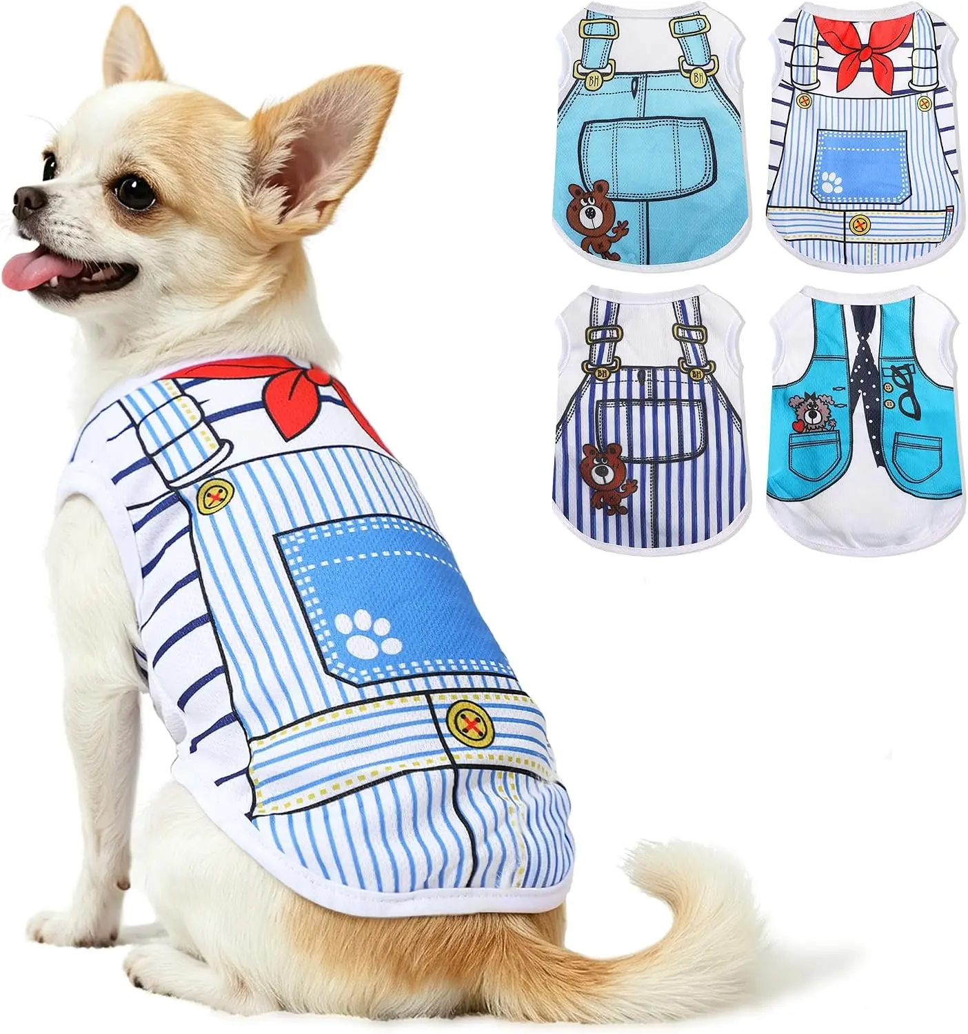4 Pack Mesh Dog Shirts for Small Dogs: Stretchy Dog Clothes with Cute Patterns, Size XXS-XL Fit for 2-16lb Dogs Pet T-Shirts, Girl & Boy Puppy Clothes for Spring Summer (Blue Set, Large)