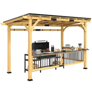 Outsunny 13' x 6' Wooden BBQ Grill Gazebo, Hardtop Grill Gazebo with Metal Roof, 2 Bar Shelves and 6 Hooks, Outdoor Shade for Patio, Garden, Backyard, Natural