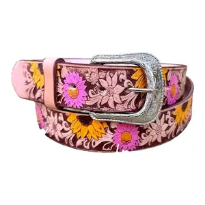Cinto para Nı’ña de Girasoles Handcrafted Western Sunflower Leather Belt with Removable 1 Inch Width Buckle, Authentic Leather, Tooled Aesthetic