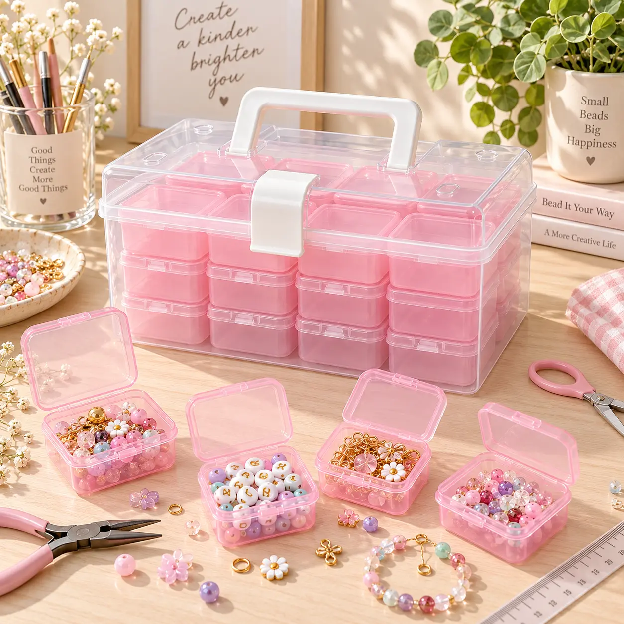 Pink Craft Supply Storage Set,32-Piece Individual Hinged Small Containers With Handle Outer Case,Portable Jewelry Making Organizer For Sewing Tiny Parts,Fishing Tackles,Desktop Sorting And Kids DIY Handmade Art Craft Projects For Hobby Enthusiasts