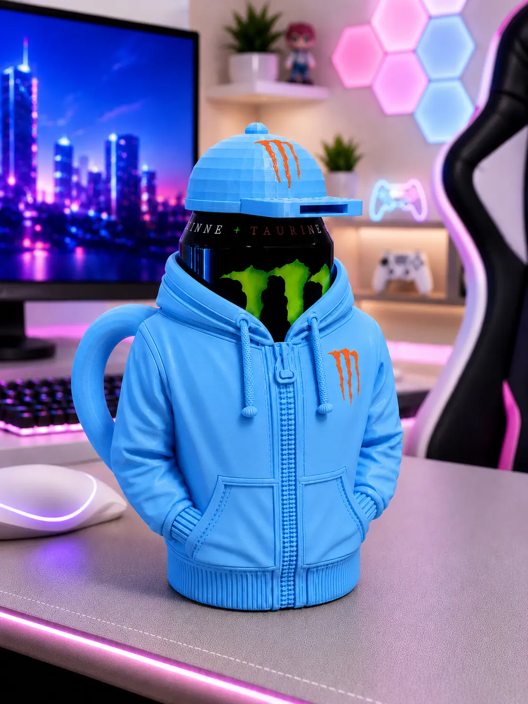 2-Piece Aesthetic Textured 16oz Hoodie-Style Thermal Energy Drink Can Holder - 140g, Includes Lid, Drinking Cap, Keychain Opener, Dryhand Grip, Lightweight, Sturdy, Hand Washable Kitchenware Drinkware Accessory, Garage Gaming Accessory