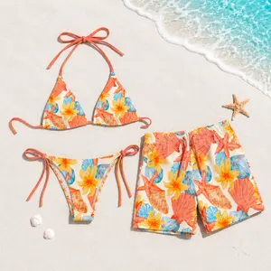 [HOT SUMMER 2026] Hawaiian Floral Matching Couple Swimwear Set – Bikini & Men’s Swim Trunks, Tropical Beach Vacation Honeymoon Outfit