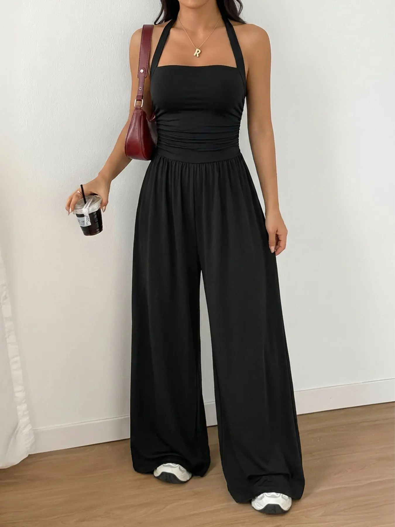 Black Halter Neck Ruched, High Waist Wide Leg Jumpsuit, Sleeveless Solid Color for Women, Minimalist Casual Loungewear, Soft Stretchy Fabric, Breathable, Versatile Daily & Vacation Wear, Summer, Fit, Womenswear