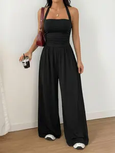 Black Halter Neck Ruched, High Waist Wide Leg Jumpsuit – Sleeveless Solid Color Jumpsuit for Women, Minimalist Casual Loungewear, Soft Stretchy Fabric, One-Piece Outfit, Versatile Daily & Vacation Wear for Females & Comfort Style Lovers