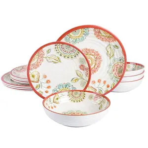 212 MAIN 12-Piece Lightweight Melamine Tableware Set, Laurie Gates Red Brick Edge Floral Print Dinner Sets