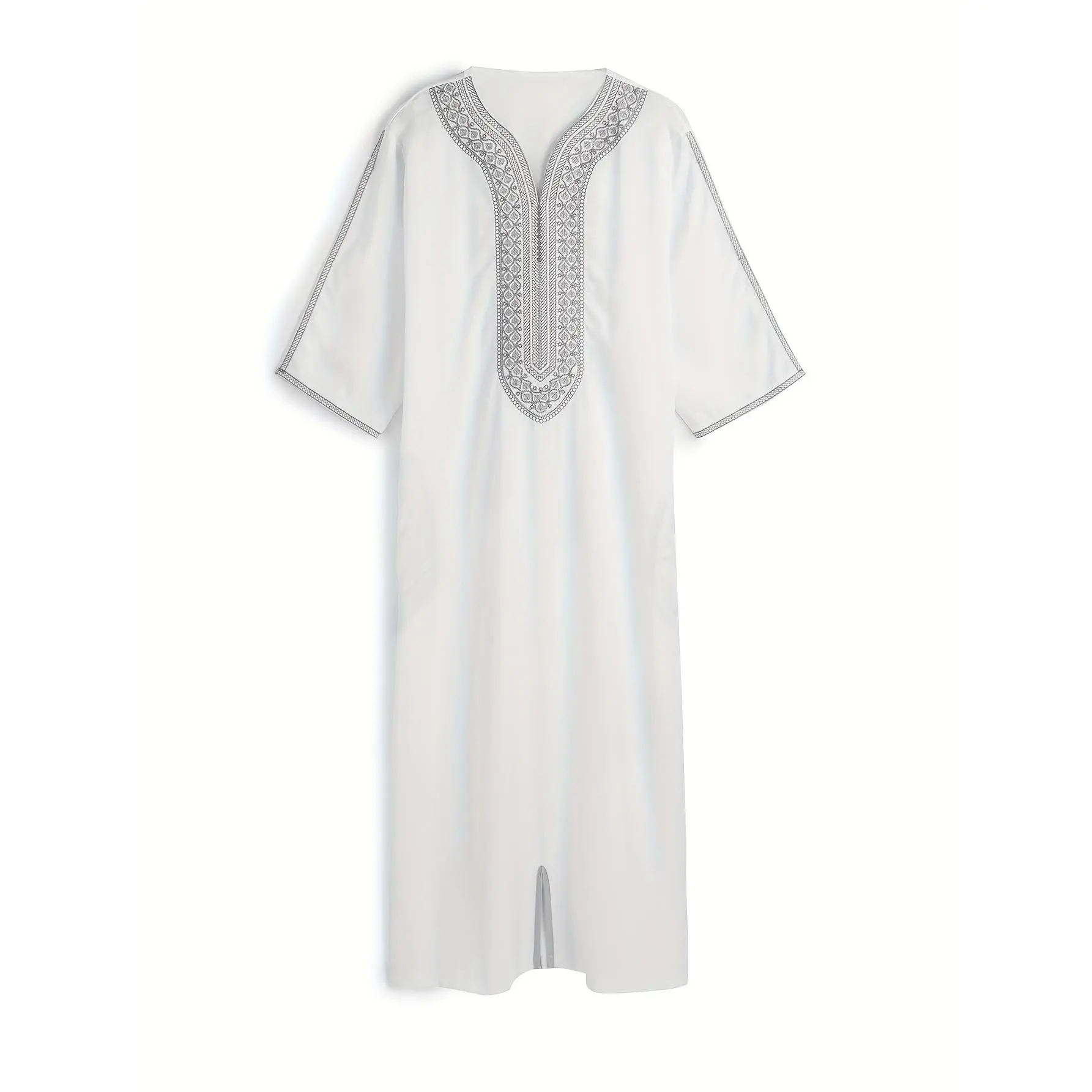 One Men'S Middle East Traditional Culture Robe Dress Arab Muslim Islamic Culture Dress White Dress Silver Embroidery Round Neck Seven Sleeve Casual Spring And Autumn Robe Dress Ramadan Eid Al-Adha Holiday Costume