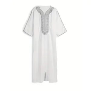 One Men'S Middle East Traditional Culture Robe Dress Arab Muslim Islamic Culture Dress White Dress Silver Embroidery Round Neck Seven Sleeve Casual Spring And Autumn Robe Dress Ramadan Eid Al-Adha Holiday Costume