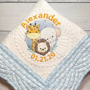 Safari Animals-Personalized Embroidered Heirloom Baby Quilt,Cozy Nursery Decor