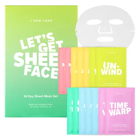 I DEW CARE Korean Sheet Mask 14 Day Routine Treatment Set (14 sheets) l Let’s Get Sheet Faced | 14-Day Intense Skincare Makeover with Collagen and Tea Tree Oil l Hydrating Brightening Calming, Skincare Ultra-Moisturizing
