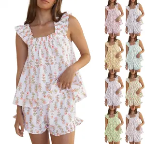 FMEYOA Womens Floral Print Pajama Sets Ruffle Trim Cami and Casual Shorts 2 Piece Lounge Set PJ