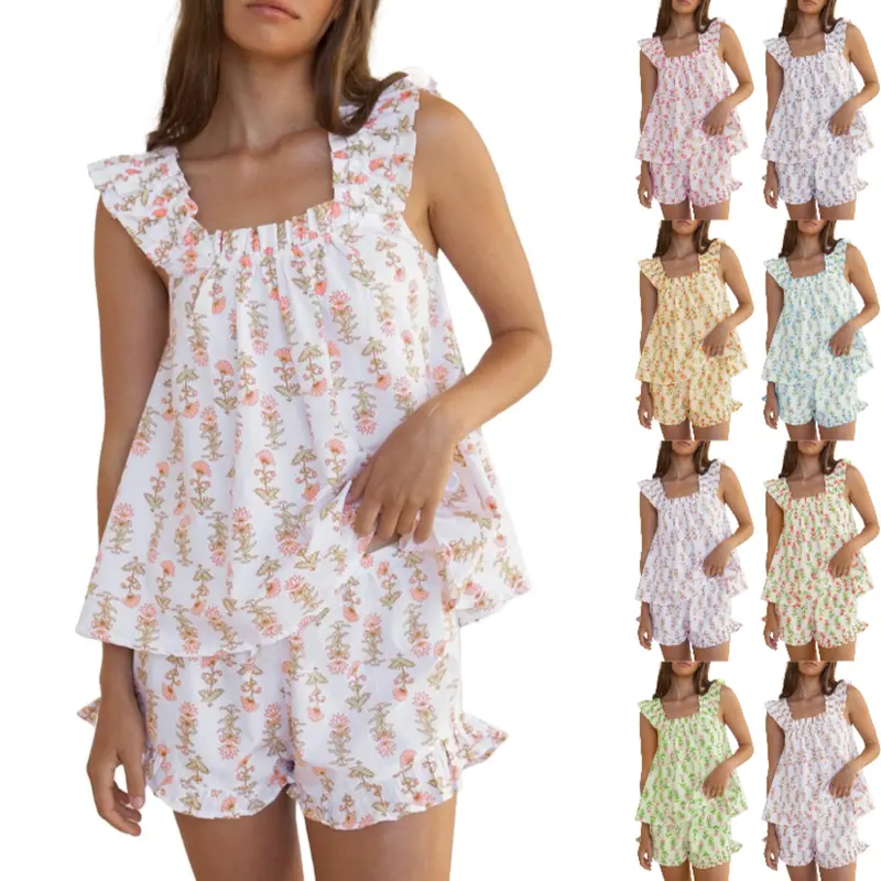 FMEYOA Womens Floral Print Pajama Sets Ruffle Trim Cami and Casual Shorts 2 Piece Lounge Set PJ