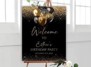 Editable Birthday Welcome Sign, Black and Gold Balloons Birthday Welcome Poster, Glitter Confetti Birthday Decoration,