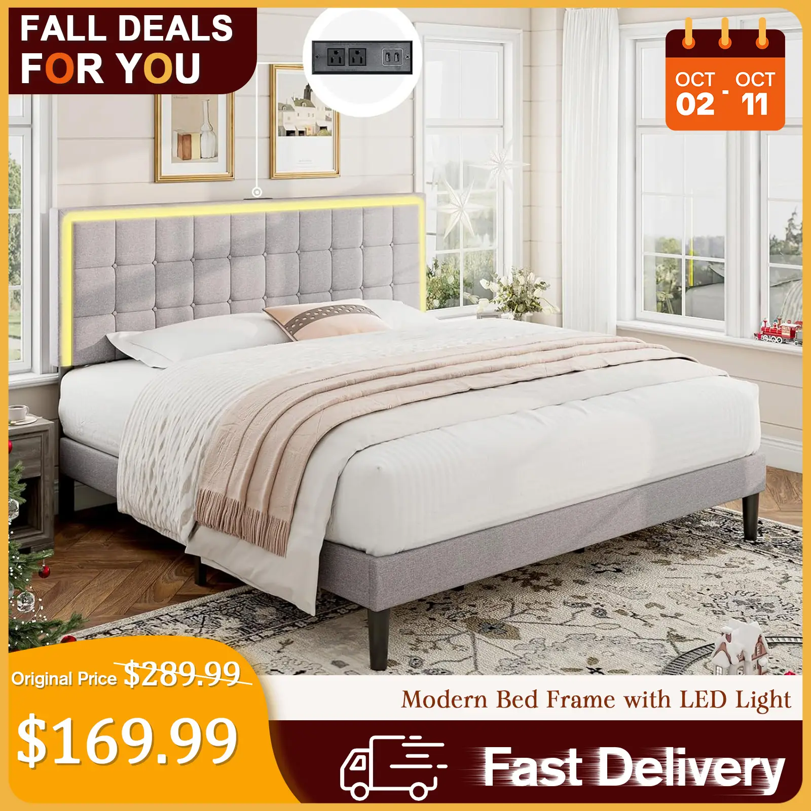 [TikTokShopfalldealsforyou] AMERLIFE Modern Bed Frame with RGB LED Lights and Linen Upholstered Headboard, Button Tufted Platform Bed Frame with USB C