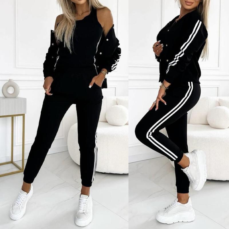 2026 Spring ChicMe Women's 3 Piece Outfits Matching Sets Striped Tape Patch Tank Tops Button Front Jacket Cuffed Pants with Pockets Tracksuit Comfort Womenswear