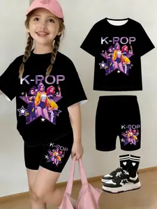 Girls Summer Kpop Series T-Shirt Shorts Set, K-Pop Girl Group Trio Plus Star Trendy Cartoon Graphics Print, Casual Streetwear Gift