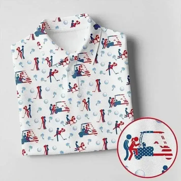 Retro Golf Pattern Polo Shirt for Men Vintage Short Sleeve Casual Golf Polo