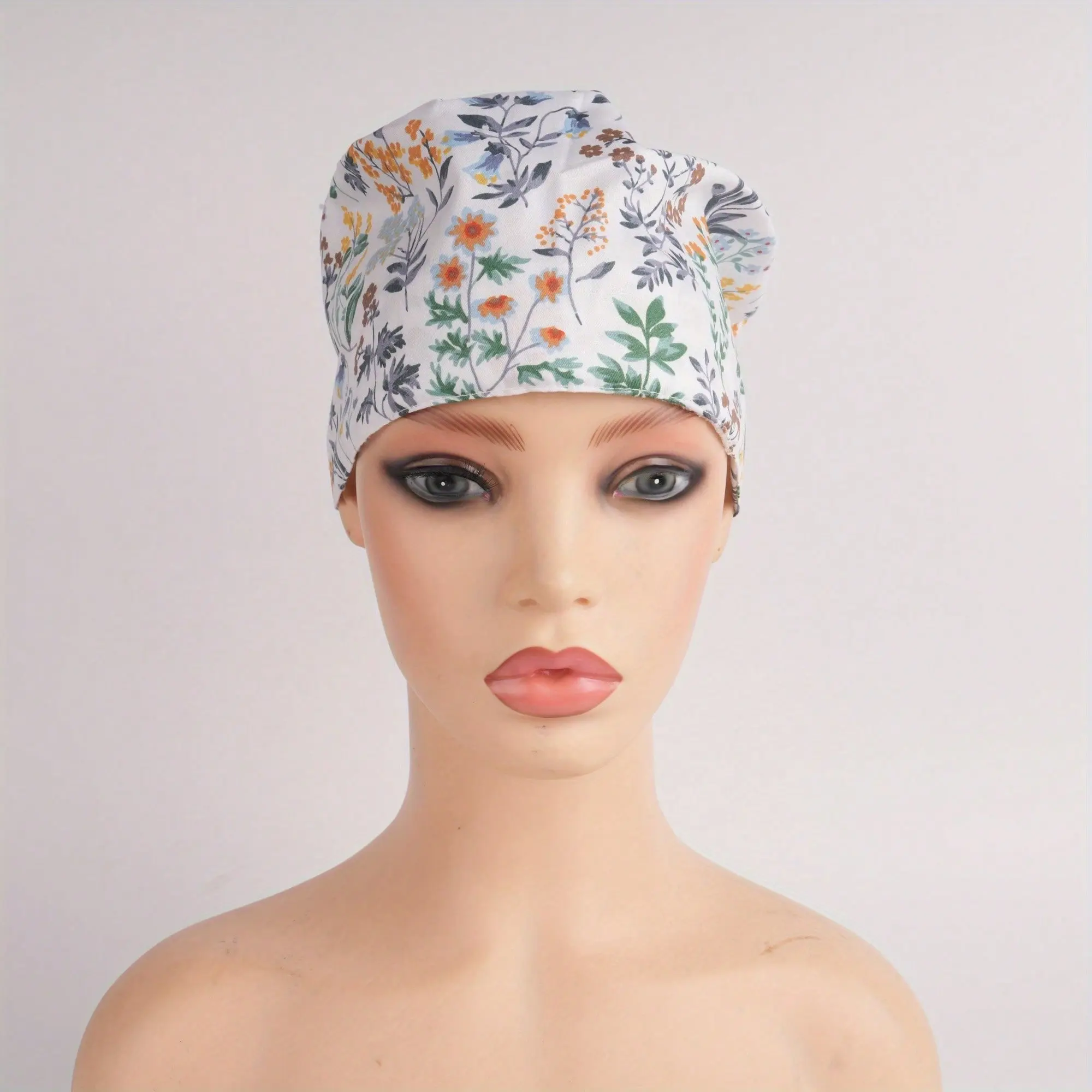 Green Leaves Floral Cotton Hair  Scrub Cap with Elastic Button, Flowers, Premium Soft Cotton Fabric, Spring Gifts